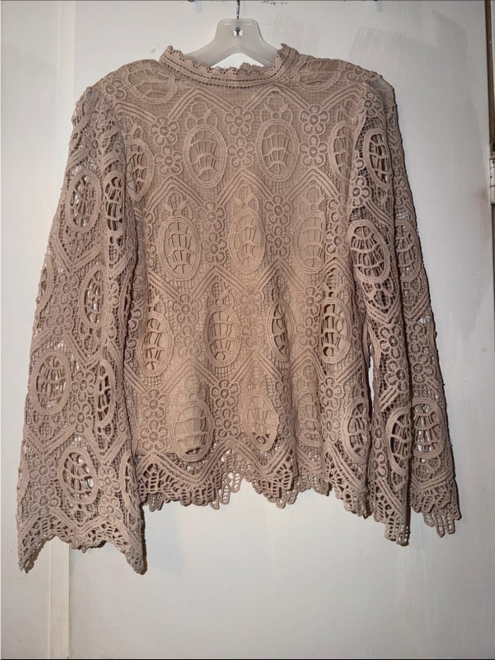Time and Tru Beige Lace Crochet Long Sleeve lined Top Sz M Romantic Boho Peasant